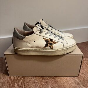 Golden Goose Hi- Star Sneakers with Leopard Star and Metallic Heel